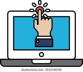 A hand pointing to a button on a laptop screen. Concept of a user interacting with a device, possibly to access a new feature or application. Scene is casual and friendly