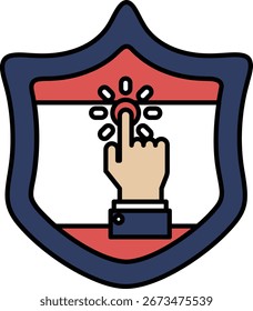 A hand pointing to a button on a shield. The shield is blue and red. The hand is drawn in a stylized way