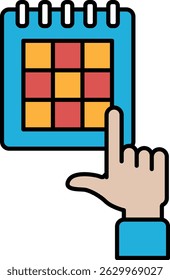 A hand pointing at a calendar with a red and orange square on it. The hand is on the number 1