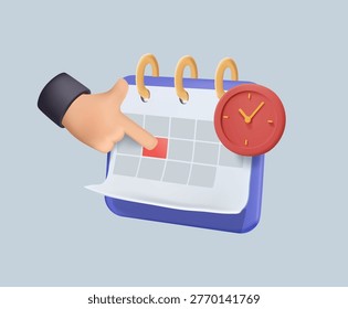 Hand pointing at a calendar with a wall clock 3D vector illustration. Deadlines, timing, planning elements for time management, scheduling events, deadline reminders and business planning concept