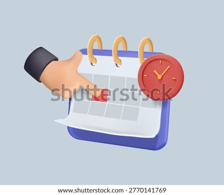 Hand pointing at a calendar with a wall clock 3D vector illustration. Deadlines, timing, planning elements for time management, scheduling events, deadline reminders and business planning concept