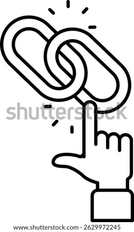 A hand pointing to a chain link. The chain link is a symbol of connection and unity. Concept of coming together and working as a team to achieve a common goal
