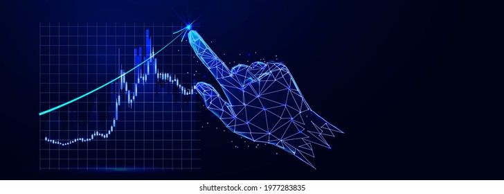 Hand pointing chart financial goals and economic business planning on dark blue background, abstract business vector 3d. Digital polygonal low poly mesh illustration