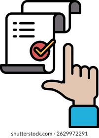 A hand pointing to a check mark on a piece of paper. The paper has a check mark and a line through it