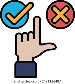 Una mano señalando una marca de verificación y una X. Concepto de hacer una elección o decisión, con la marca de verificación que representa una elección positiva y la X que representa una elección negativa