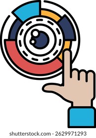 Una mano que apunta a un círculo con una sección roja, azul y amarilla. El círculo es un gráfico circular