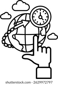 Uma mão apontando para um relógio em um globo. O relógio está marcado para as 12:00. O globo é cercado por nuvens