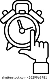 A hand is pointing at a clock that is set to the time of 10:00. The clock is black and white, and the hand is drawn in a stylized way. Concept of urgency or importance
