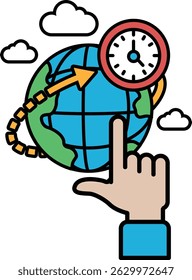 Uma mão apontando para um relógio que está definido como 12:00. O relógio está cercado por um globo e nuvens