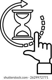 A hand pointing to a clock that is set to the number 3. The clock is surrounded by a circle and has a white background