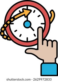 Uma mão está apontando para um relógio que mostra a hora como 3:00. O relógio está vermelho e branco e a seta aponta para a direita. Conceito de urgência ou importância