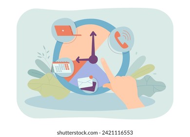 Hand pointing at clock with time schedule. Vector illustration. Call, computer, calendar and emails icons. Occupation, part-time work, multiple jobs concept