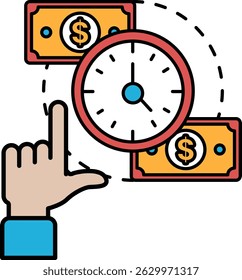 A hand pointing at a clock with two dollar bills in the background. Concept of time and money, and the importance of managing both effectively