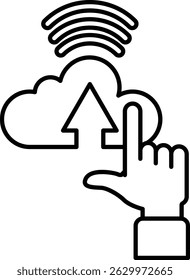 A hand pointing up at a cloud with a plus sign. Concept of growth and progress, as the hand is reaching for the cloud, which represents the sky. The plus sign adds to the sense of upward movement