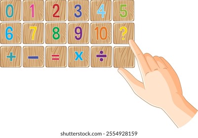 Hand pointing at colorful math symbols on tiles
