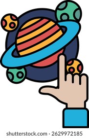 A hand pointing at a colorful planet with a blue circle in the middle. The planet is surrounded by many other planets, some of which are smaller and some of which are larger
