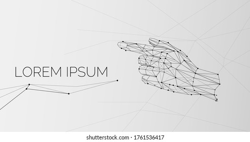 Hand pointing at copy space for text, illustrative image on grey background, panorama