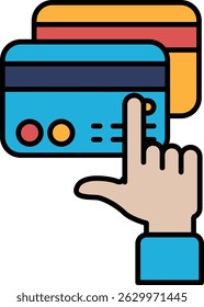 A hand is pointing at a credit card. The card is blue and red