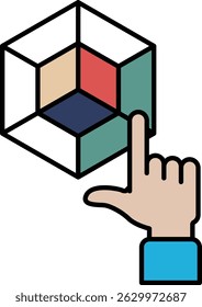A hand pointing at a cube with a white background. The cube is made up of smaller cubes, and the hand is pointing to the center of the cube