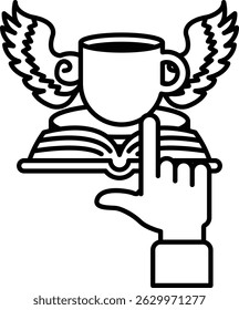 A hand pointing to a cup with wings on top of it. The cup is on a book