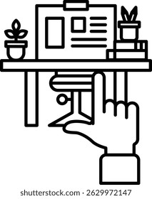 A hand is pointing at a desk with a chair and a plant. The desk has a piece of paper on it