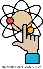 A hand pointing at a diagram of a planet and a star. The hand is on a white background