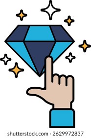 Eine Hand, die auf einen Diamanten zeigt. Der Diamant ist von Sternen umgeben. Konzept von Bedeutung und Wert