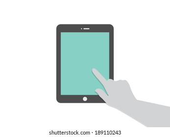 Hand pointing at digital device. Mobile app concept. Flat style vector graphic template. Isolated on white background.
