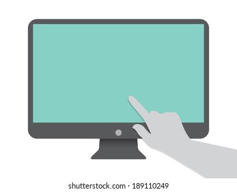 Hand pointing at digital device. Mobile app concept. Flat style vector graphic template. Isolated on white background.