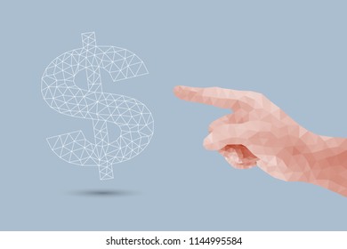 Hand pointing to Dollar sign  design with polygonal pattern for business finance idea.