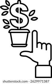 A hand pointing to a dollar sign and a plant. The dollar sign represents money, and the plant represents growth and prosperity. The hand pointing to the dollar sign