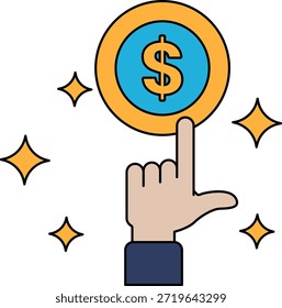 A hand pointing to a dollar sign. The dollar sign is surrounded by stars. Concept of wealth and success