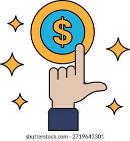 A hand pointing to a dollar sign. The dollar sign is surrounded by a circle. Concept of money or wealth