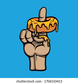 Hand pointing with donut on it. Food with human hand. Number one symbol. Donut with melting cheese vector illustration