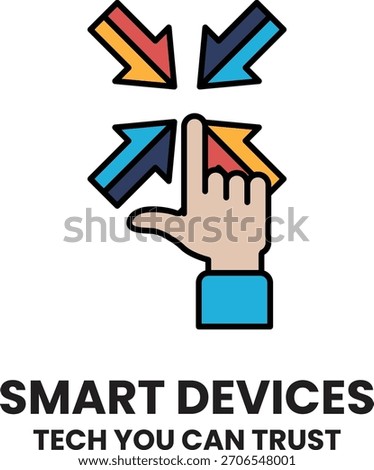 A hand pointing to a downward arrow with the words smart devices written below. Concept of technology and the importance of trust in the tech industry