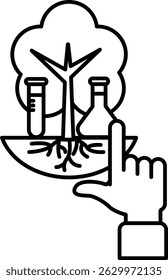 A hand pointing to a drawing of a tree with a lab and a bottle. The drawing is black and white