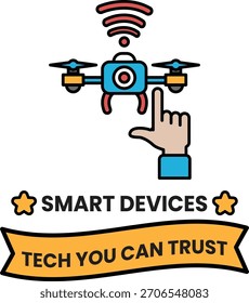 Uma mão apontando para um drone com as palavras "Dispositivos Inteligentes" escritas abaixo dele. Conceito de tecnologia e a importância da confiança nos dispositivos que usamos