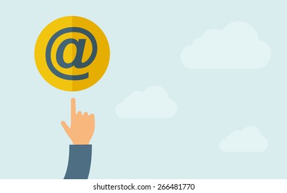 A hand pointing to Email icon.  A contemporary style with pastel palette, light blue cloudy sky background. Vector flat design illustration. Horizontal layout with text space on right part.