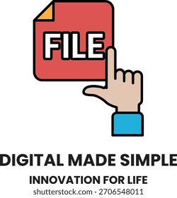 A hand pointing to a file on a white background. The image is titled "Digital Made Simple" and is meant to convey the idea of making technology more accessible and user-friendly