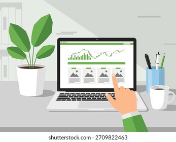 Hand, die auf die Finanzdiagrammanalyse auf dem Laptop-Bildschirm zeigt