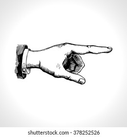 Hand with pointing finger in black and white, vintage engraving style. Hand-drawn illustration