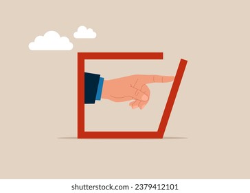 Hand with pointing finger businessman  get out of the comfort zone to success. Going beyond limits. Vector illustration