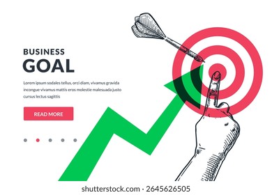 Hand pointing finger at center of red target. Green growing arrow and dart achieve bullseye. Vector hand drawn sketch collage illustration. Business goals, marketing strategy concept