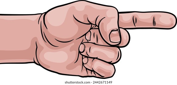 A hand a pointing finger in a comic book pop art cartoon illustration style. 