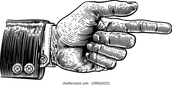 A hand pointing a finger in a direction sign. Wearing a business suit in a vintage antique engraving woodblock or woodcut style.
