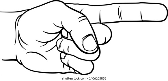 A hand pointing a finger in a direction sign. In a vintage antique engraving woodblock or woodcut style.