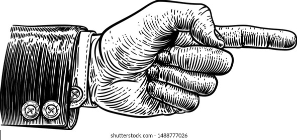 A hand pointing a finger in a direction sign. Wearing a business suit in a vintage antique engraving woodblock or woodcut style.