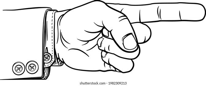 A hand pointing a finger in a direction sign. Wearing a business suit in a vintage antique engraving woodblock or woodcut style.