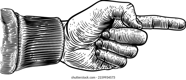 A hand pointing a finger in a direction sign. In a vintage antique engraving woodblock or woodcut style.