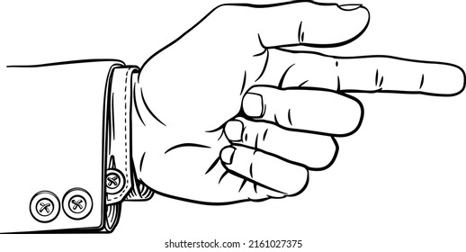 A hand pointing a finger in a direction sign. Wearing a business suit in a vintage antique engraving woodblock or woodcut style.